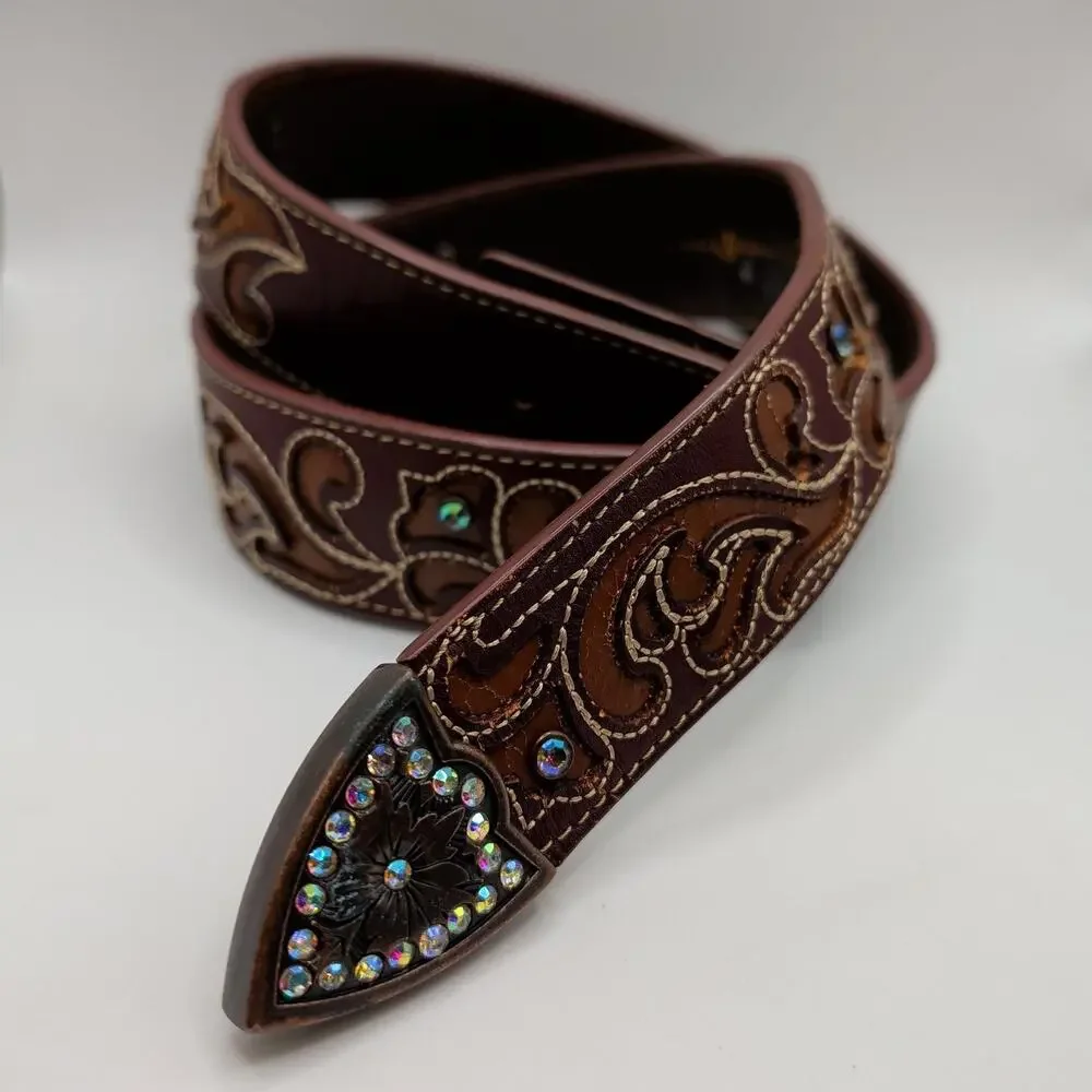 Brown Leather Belt Medium Western Tooled Rhinestone Studded Cowgirl Boho Rodeo